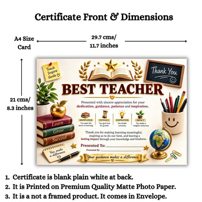 Best Teacher Certificate – A4 Teacher Appreciation Award Certificate for Teachers | Premium Printed Thank You Gift