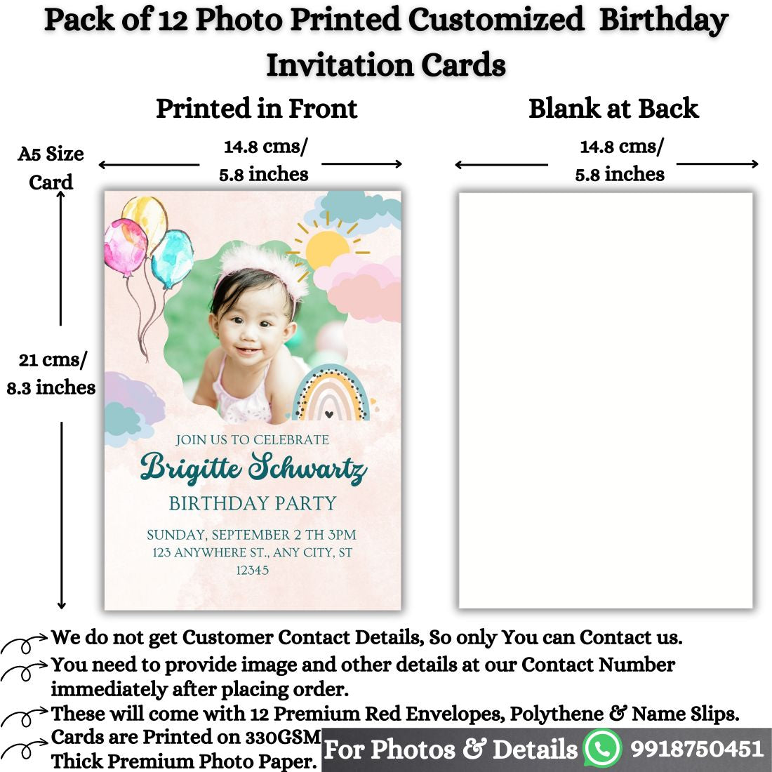 Custom Birthday Invitation Card for Kids with Envelopes | Pack of 12 | One side Printed