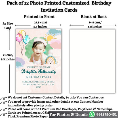 Custom Birthday Invitation Card for Kids with Envelopes | Pack of 12 | One side Printed