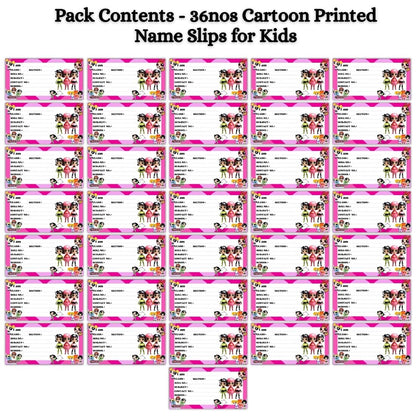 Kids Name Slips Cartoon Printed - Pack of 36 - Self Fill in
