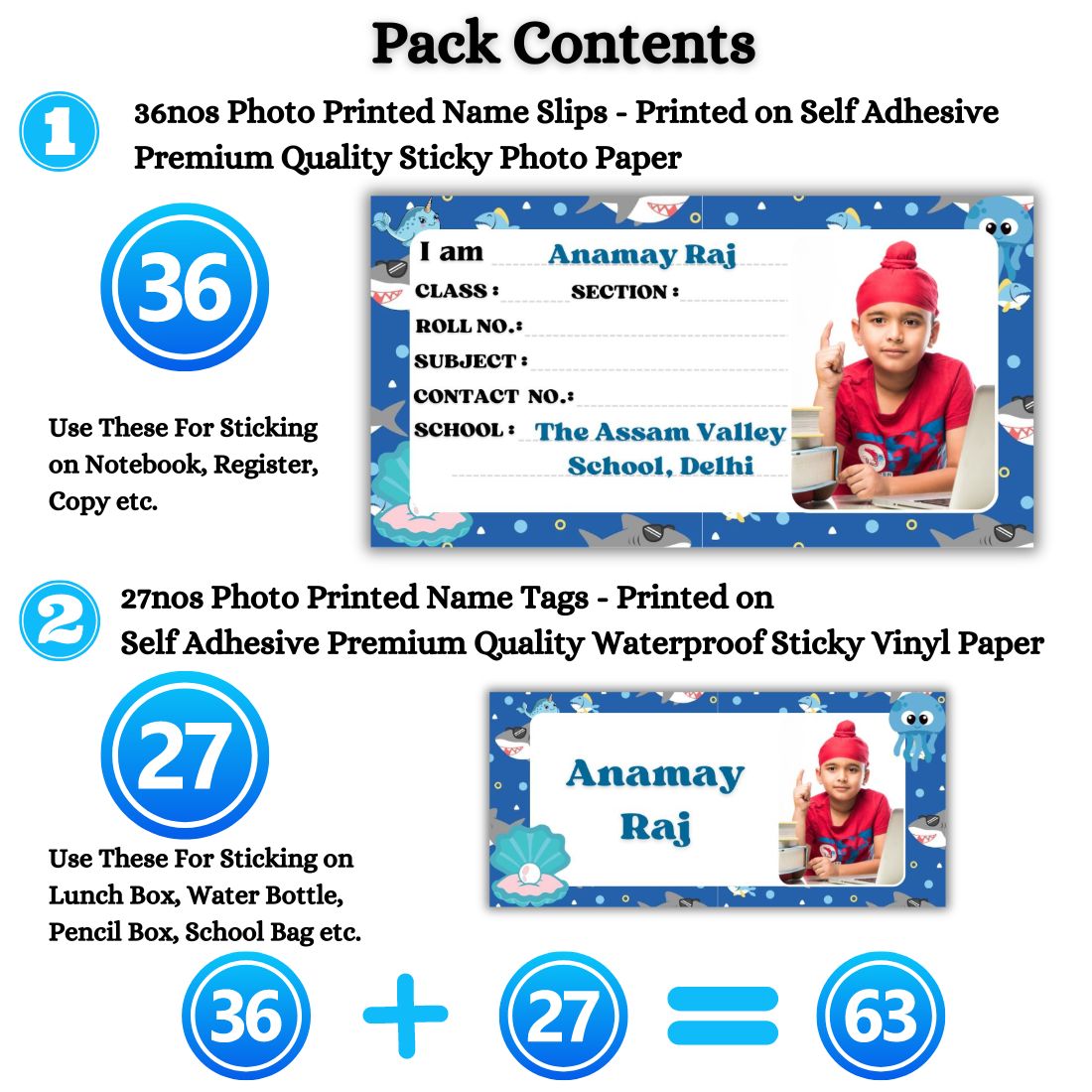 Kids Photo Name Slips & Tags | Pack of 63 | 36 Name Slips & 27 Tags
