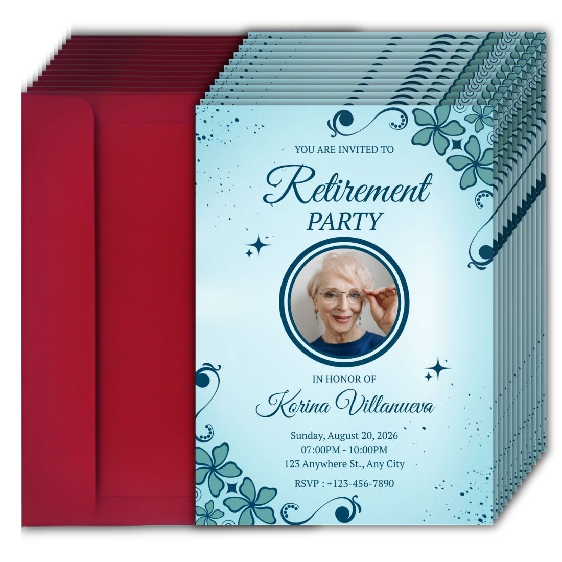 Customised Retirement Farewell Party Invitation Cards with Photo Pack of 12 with Envelopes
