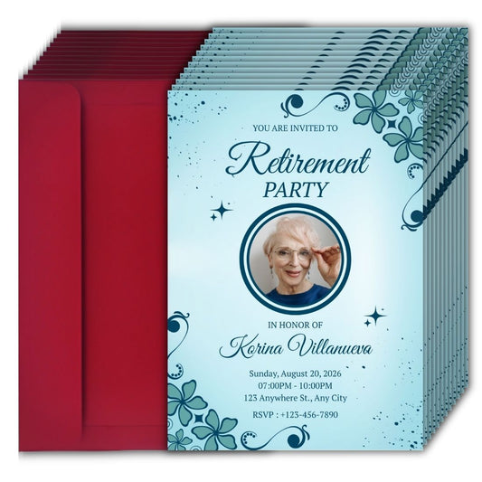 Customised Retirement Farewell Party Invitation Cards with Photo Pack of 12 with Envelopes