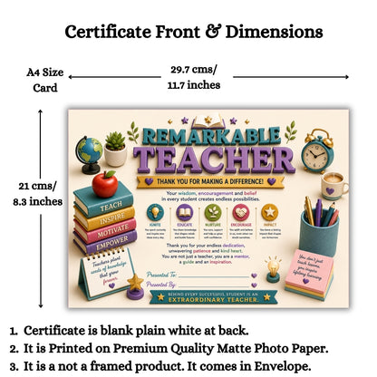 Best Teacher Certificate – A4 Teacher Appreciation Award Certificate for Teachers | Premium Printed Thank You Gift