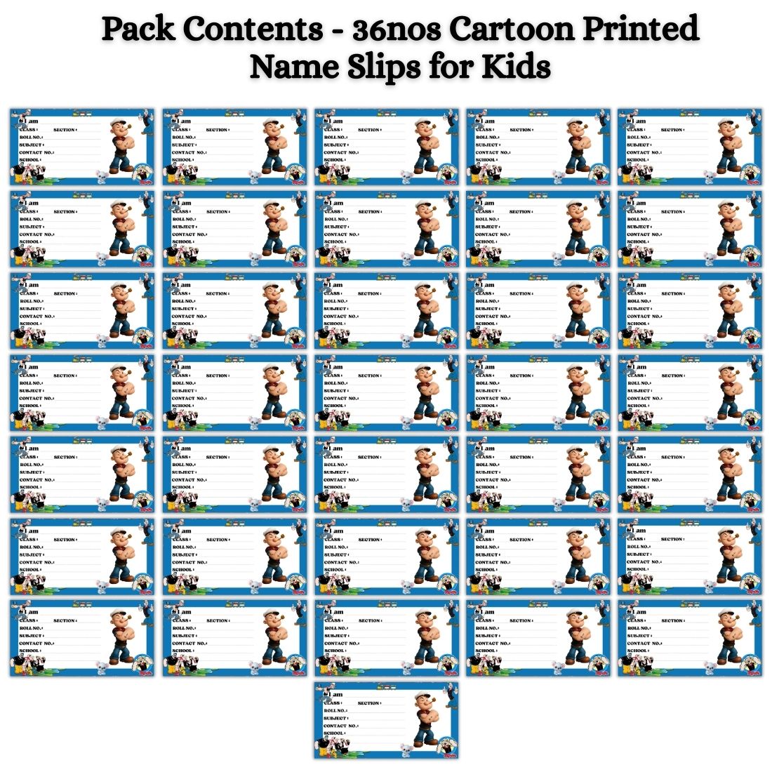 Kids Name Slips Cartoon Printed - Pack of 36 - Self Fill in