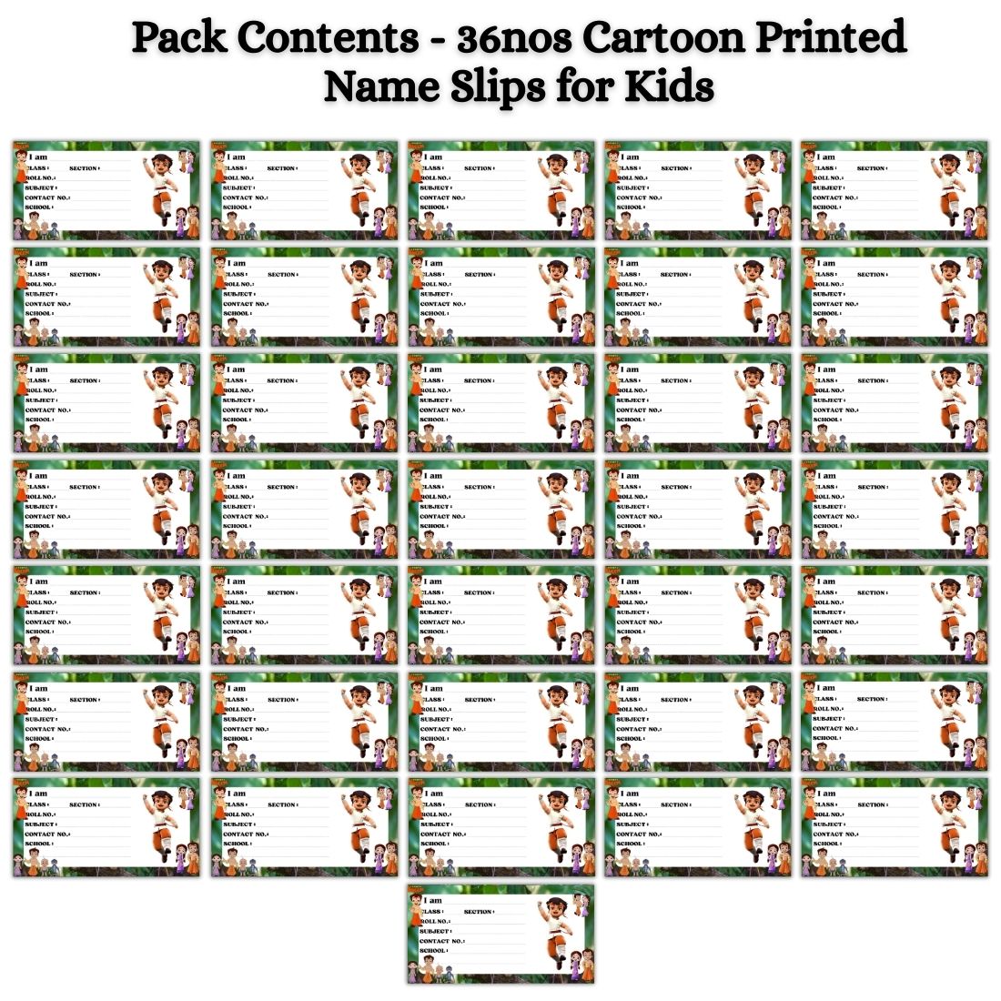 Kids Name Slips Cartoon Printed - Pack of 36 - Self Fill in
