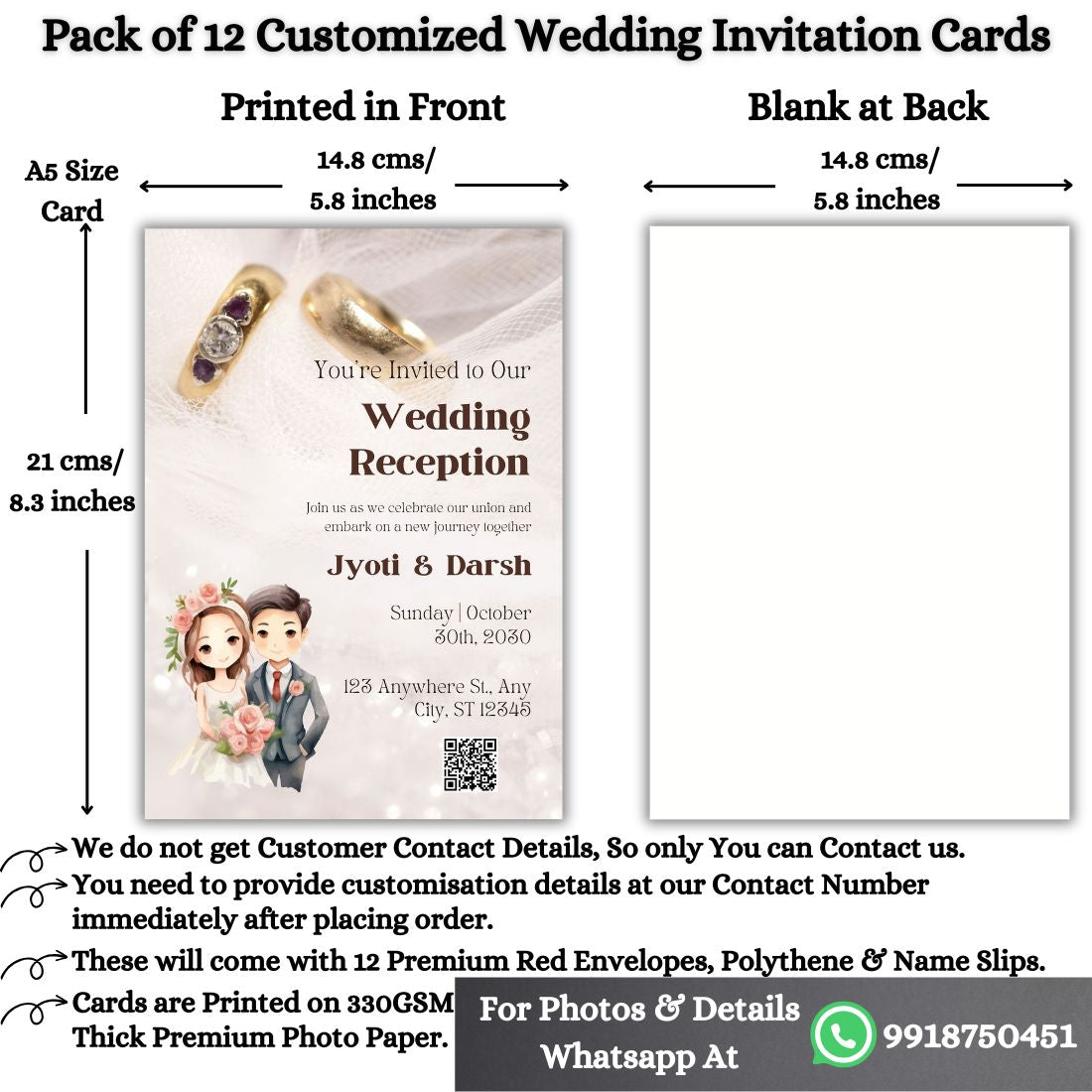 Custom Wedding Invitation Cards with Envelopes | Pack of 12 | One side Printed