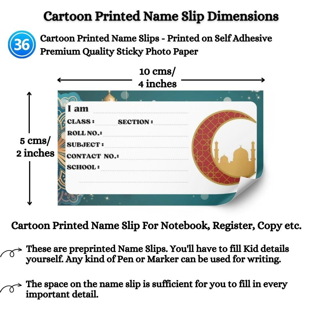 Kids Name Slips Cartoon Printed - Pack of 36 - Self Fill in
