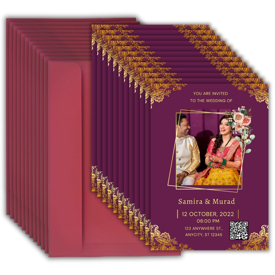 Custom Wedding Invitation Card with Couple Photo | Pack of 12 | One side Printed | Envelopes Included