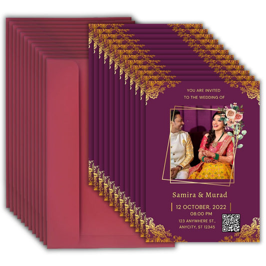 Custom Wedding Invitation Card with Couple Photo | Pack of 12 | One side Printed | Envelopes Included