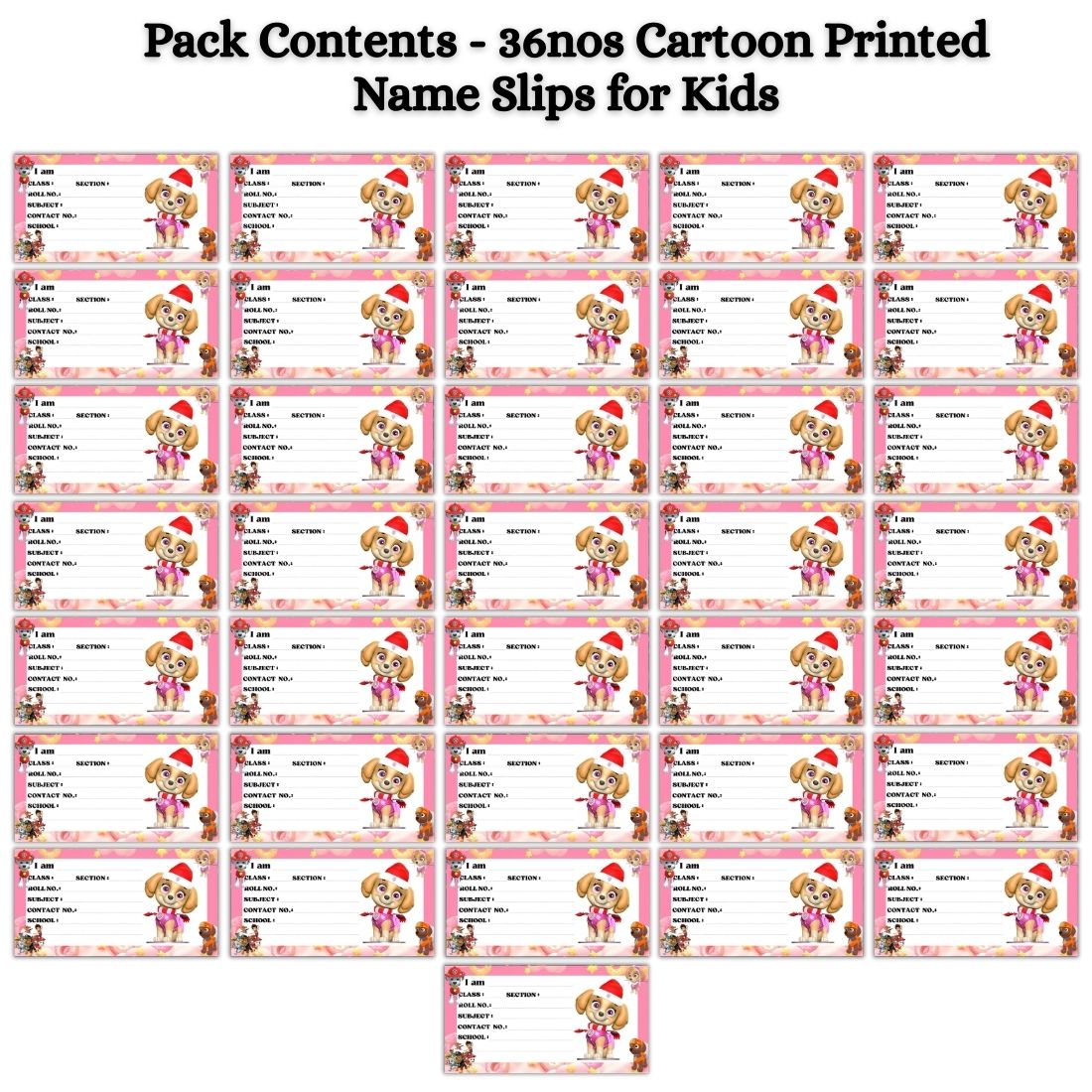 Kids Name Slips Cartoon Printed - Pack of 36 - Self Fill in