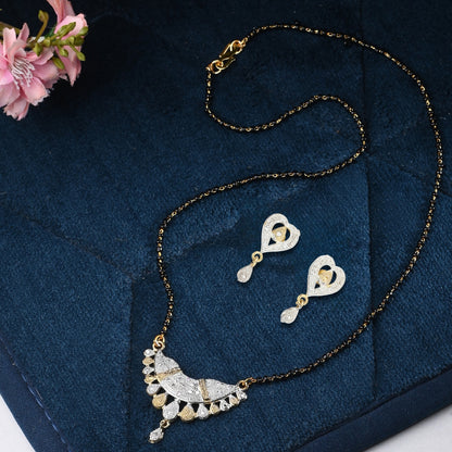 Gold Plated AD Mangalsutra Pendant and Earrings Set with Black Beads Chain