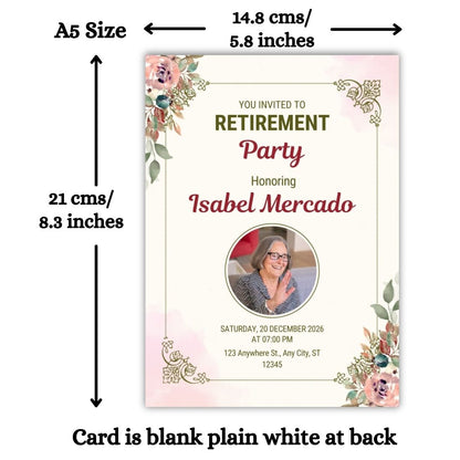 Customised Retirement Farewell Party Invitation Cards with Photo Pack of 12 with Envelopes