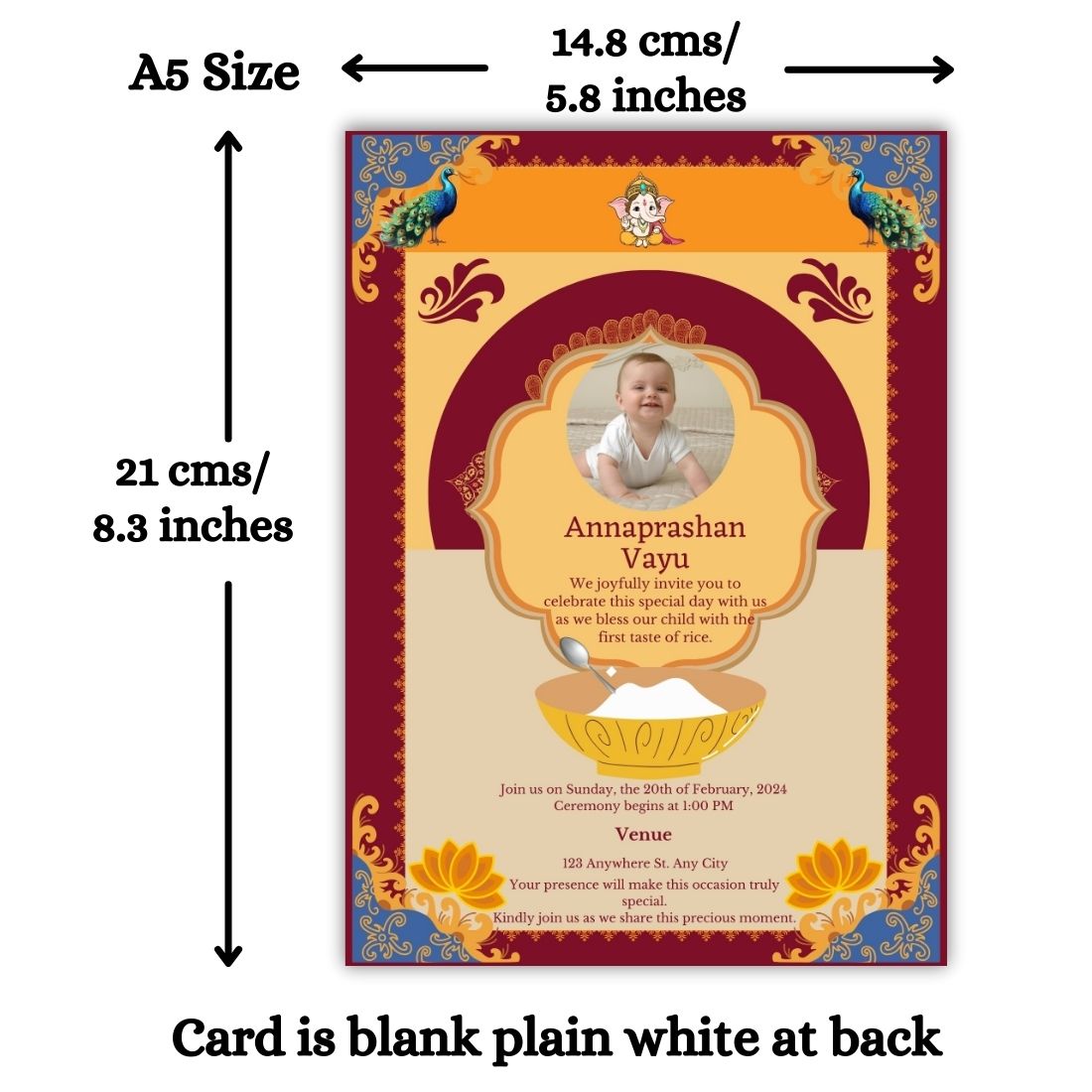 Customised Annaprashan Invitation Cards Pack of 12 , 5.8x8.3 Inch with Envelopes for Rice Ceremony