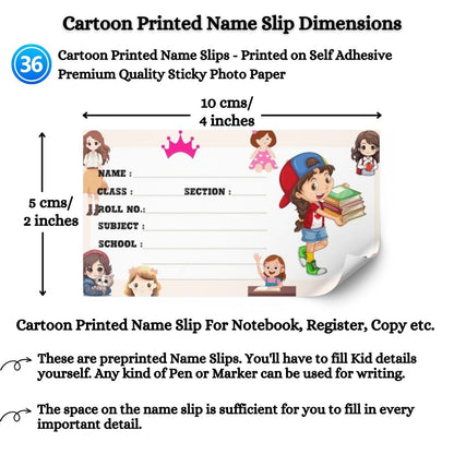 Kids Name Slips Cartoon Printed - Pack of 36 - Self Fill in