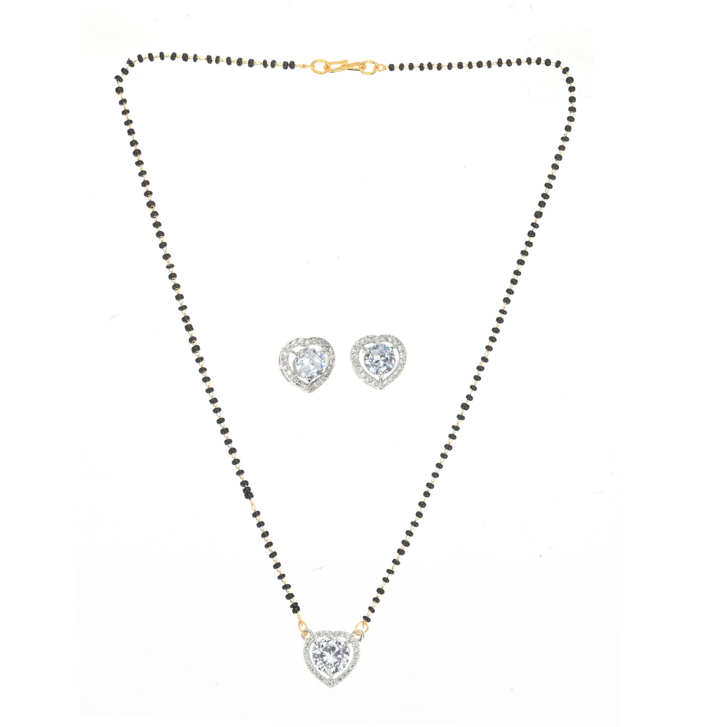 Gold Plated AD Mangalsutra Pendant and Earrings Set with Black Beads Chain