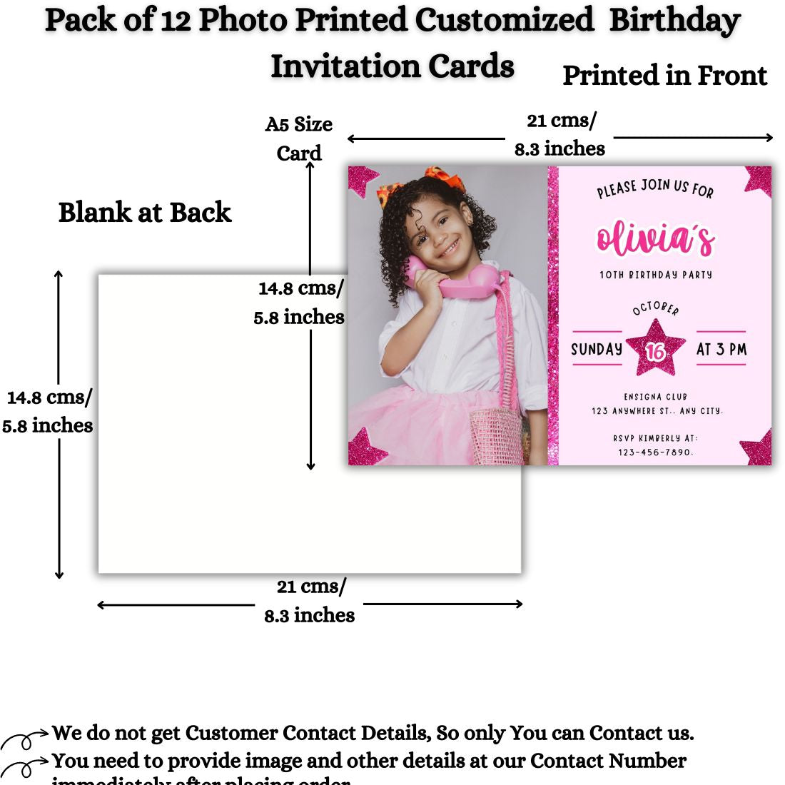 Custom Birthday Invitation Card for Kids with Envelopes | Pack of 12 | One side Printed