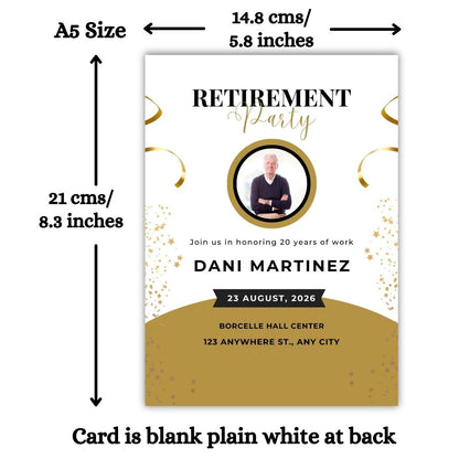 Customised Retirement Farewell Party Invitation Cards with Photo Pack of 12 with Envelopes