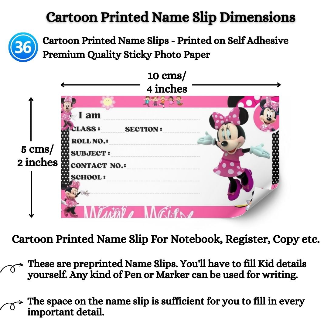 Kids Name Slips Cartoon Printed - Pack of 36 - Self Fill in