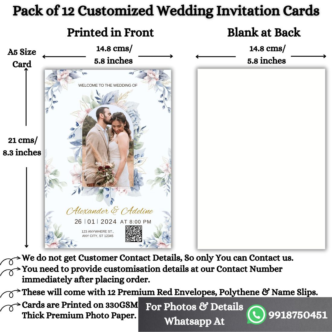 Custom Wedding Invitation Card with Couple Photo | Pack of 12 | One side Printed | Envelopes Included