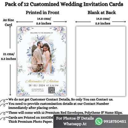 Custom Wedding Invitation Card with Couple Photo | Pack of 12 | One side Printed | Envelopes Included