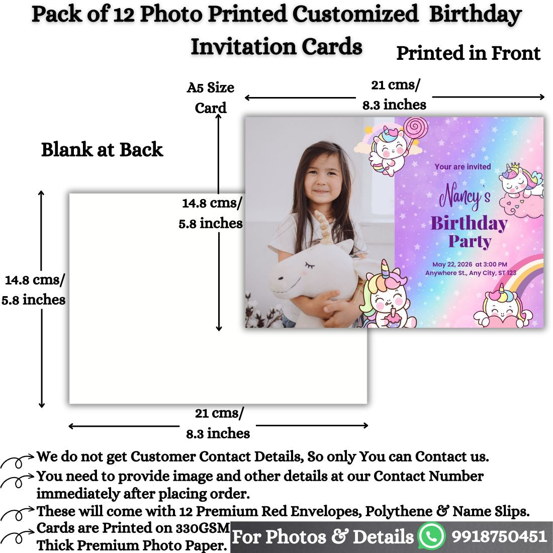 Custom Birthday Invitation Card for Kids with Envelopes | Pack of 12 | One side Printed