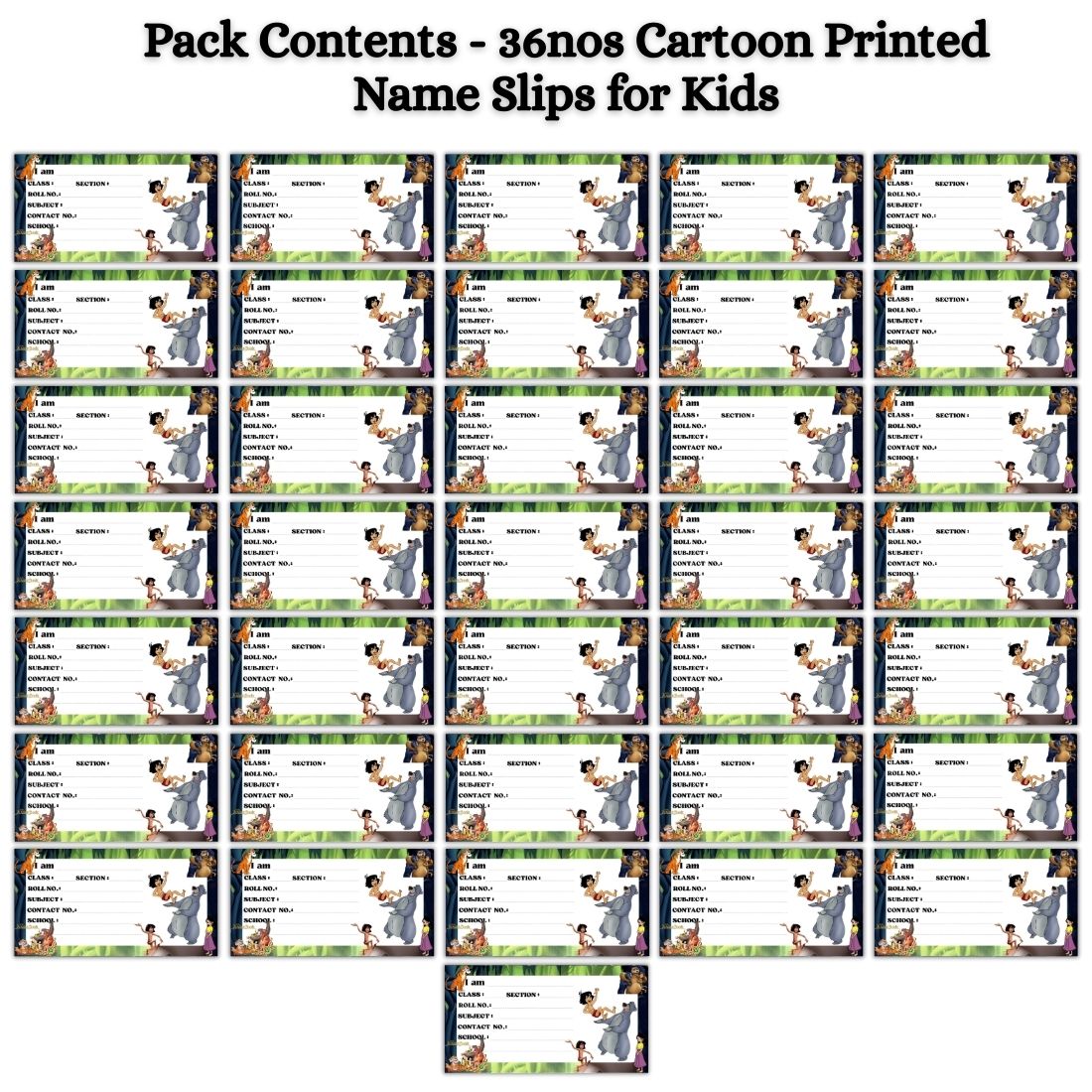 Kids Name Slips Cartoon Printed - Pack of 36 - Self Fill in