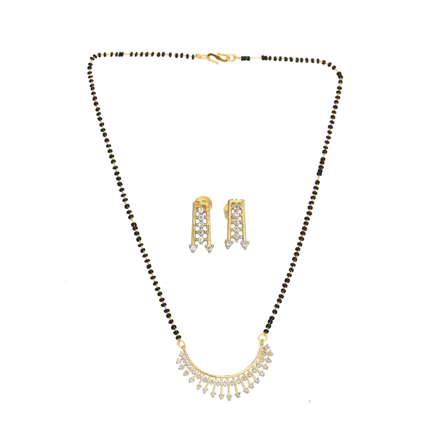 Gold Plated AD Mangalsutra Pendant and Earrings Set with Black Beads Chain