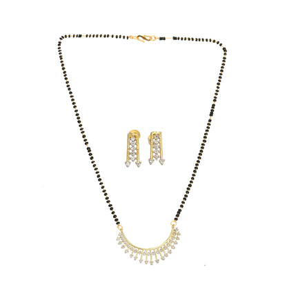 Gold Plated AD Mangalsutra Pendant and Earrings Set with Black Beads Chain