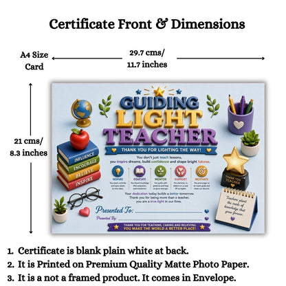Best Teacher Certificate – A4 Teacher Appreciation Award Certificate for Teachers | Premium Printed Thank You Gift