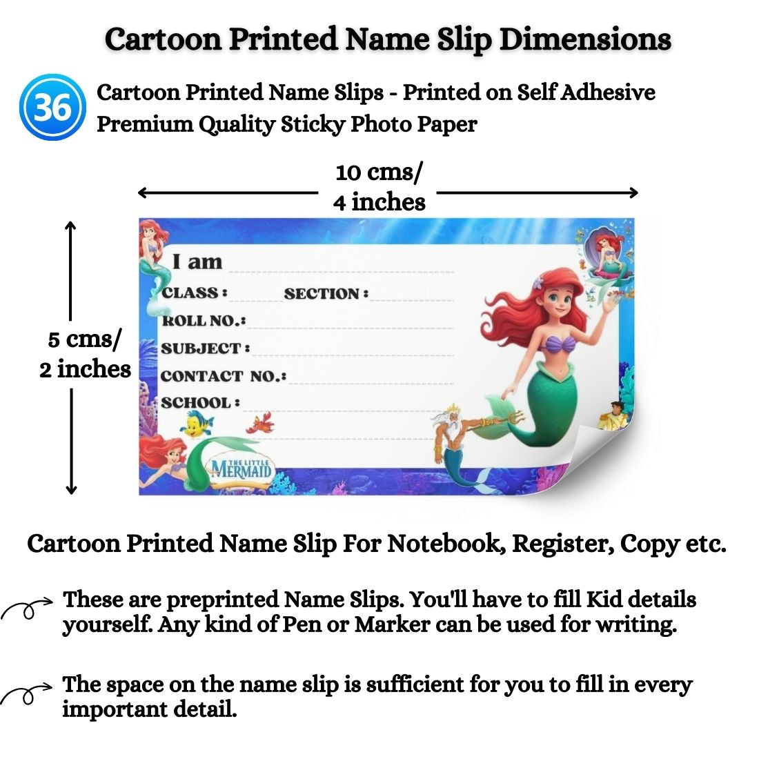 Kids Name Slips Cartoon Printed - Pack of 36 - Self Fill in