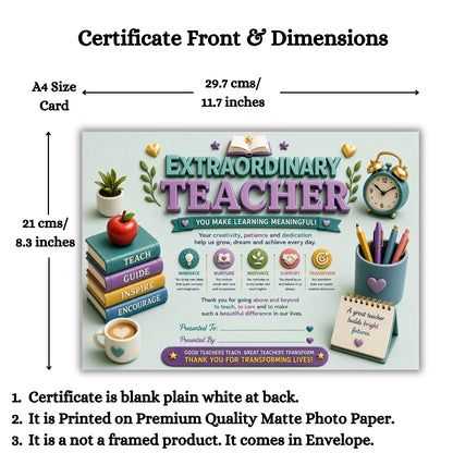 Best Teacher Certificate – A4 Teacher Appreciation Award Certificate for Teachers | Premium Printed Thank You Gift