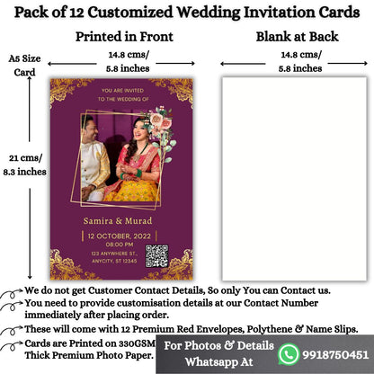 Custom Wedding Invitation Card with Couple Photo | Pack of 12 | One side Printed | Envelopes Included