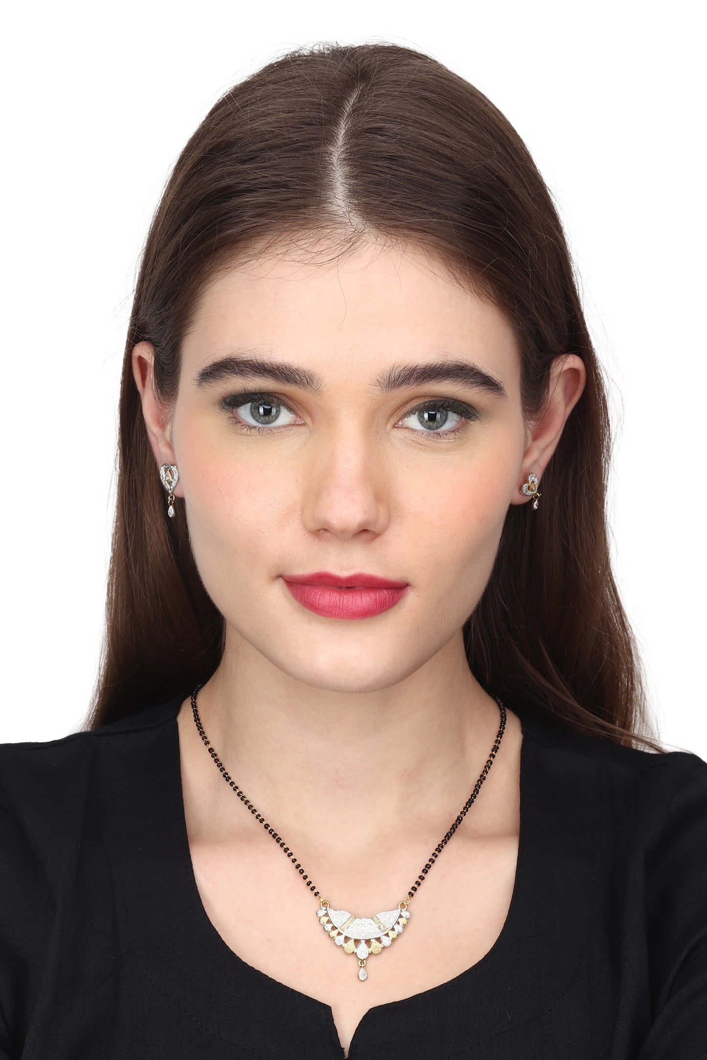 Gold Plated AD Mangalsutra Pendant and Earrings Set with Black Beads Chain