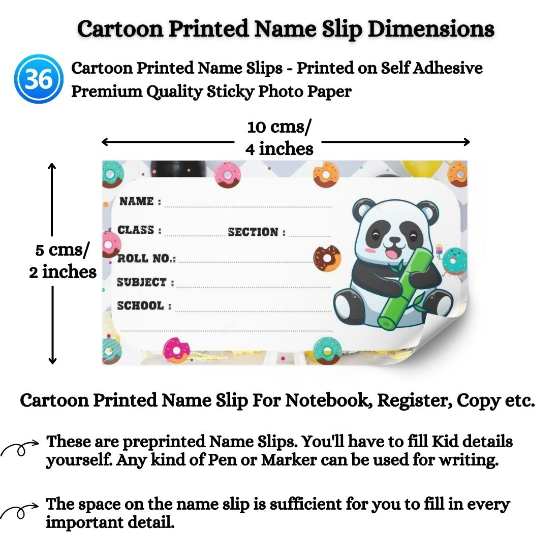 Kids Name Slips Cartoon Printed - Pack of 36 - Self Fill in
