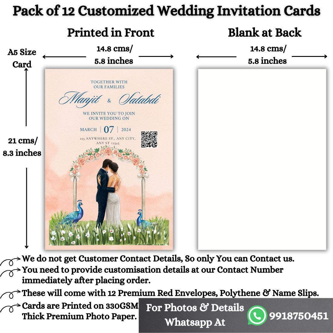 Custom Wedding Invitation Cards with Envelopes | Pack of 12 | One side Printed
