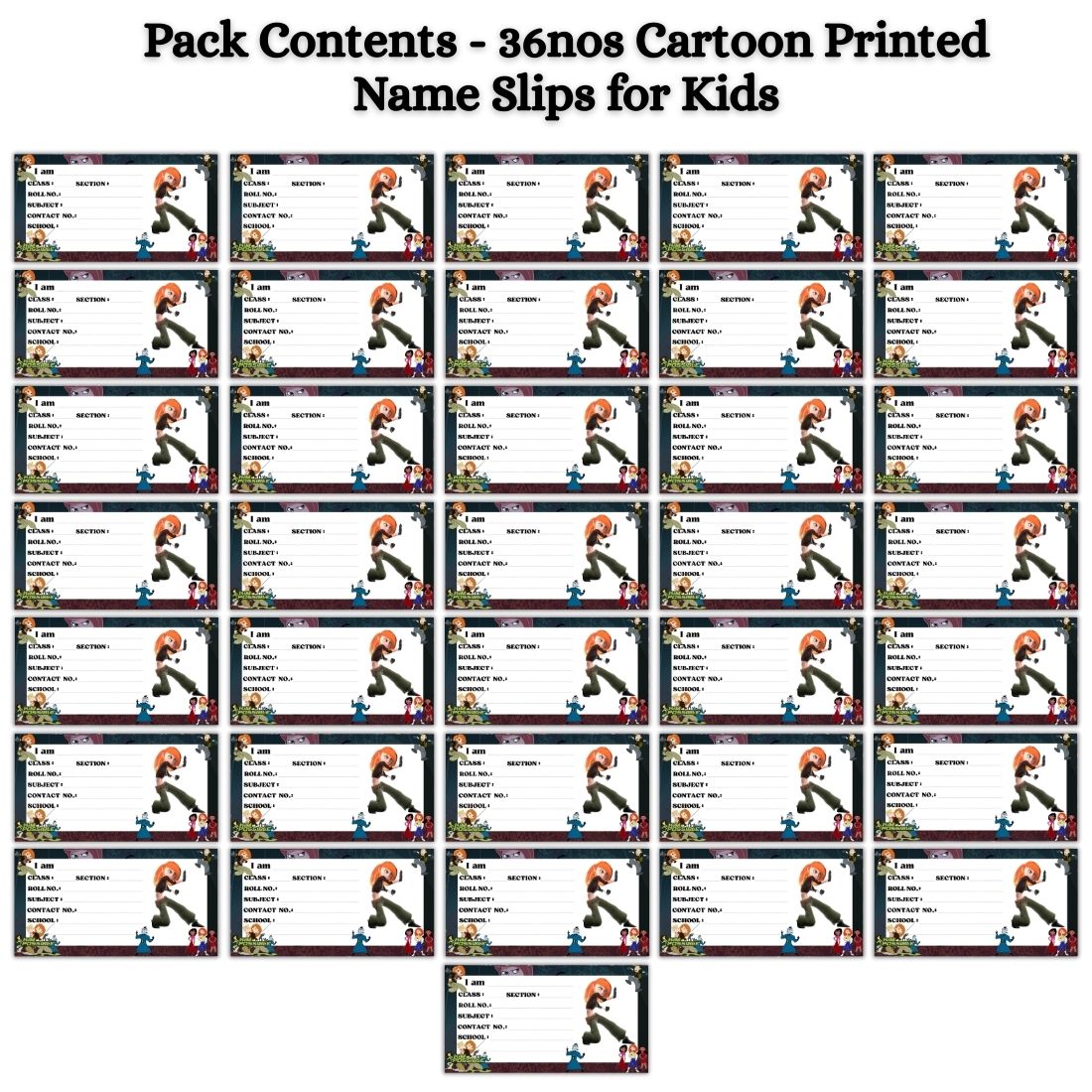 Kids Name Slips Cartoon Printed - Pack of 36 - Self Fill in
