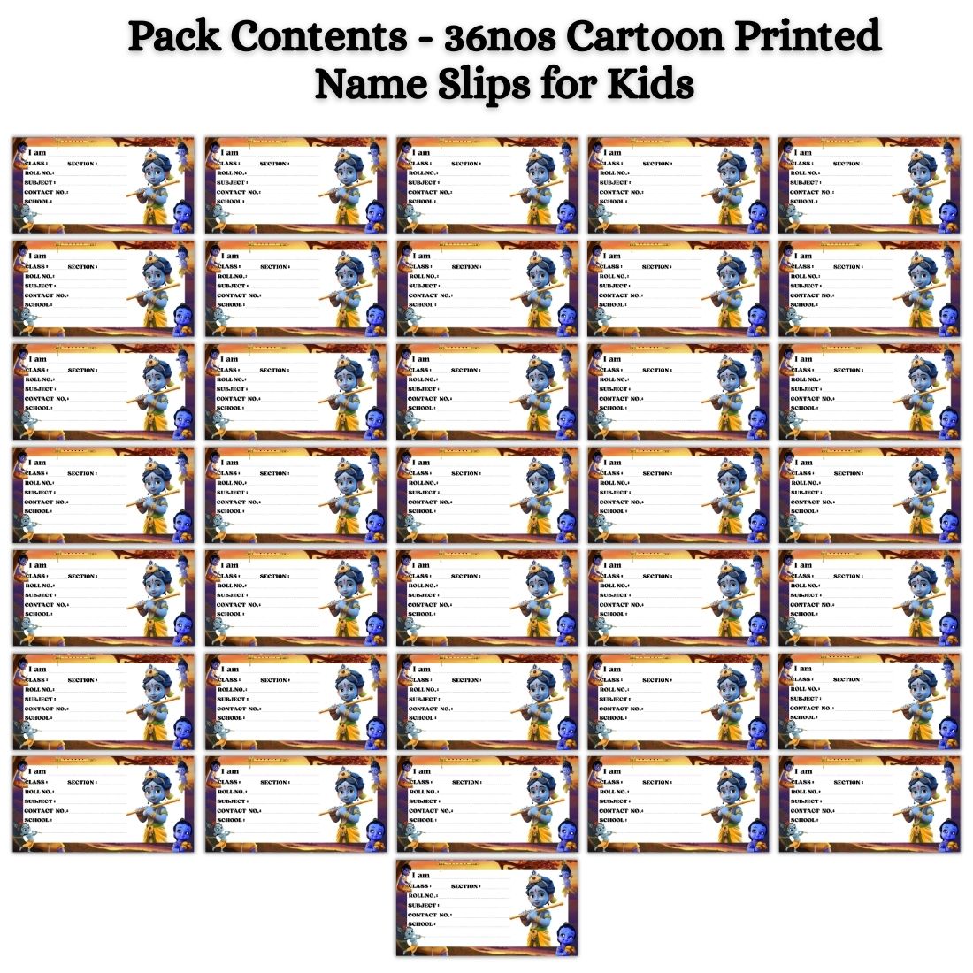 Kids Name Slips Cartoon Printed - Pack of 36 - Self Fill in