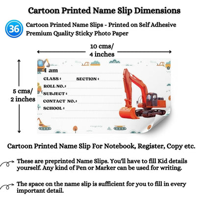 Kids Name Slips Cartoon Printed - Pack of 36 - Self Fill in