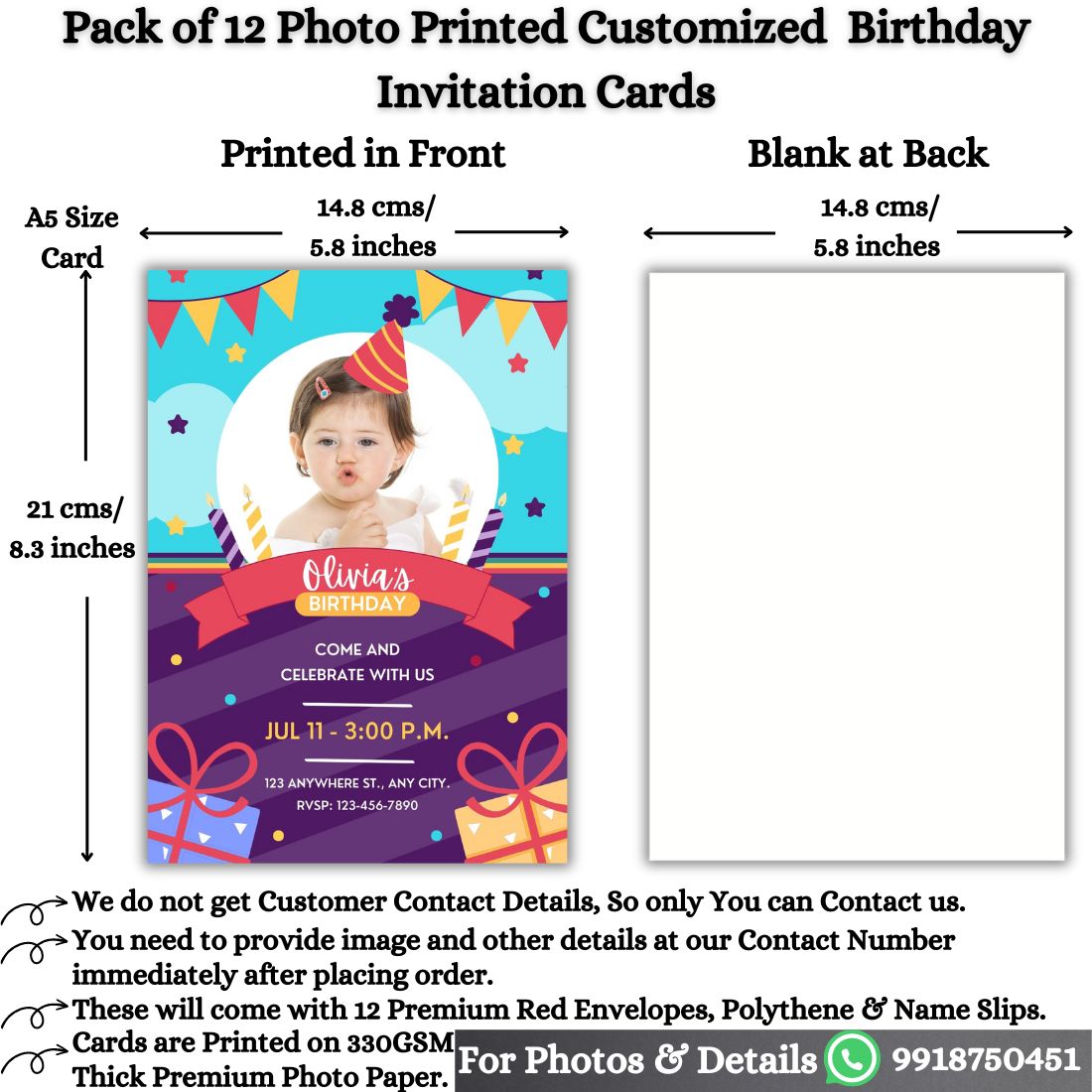 Custom Birthday Invitation Card for Kids with Envelopes | Pack of 12 | One side Printed