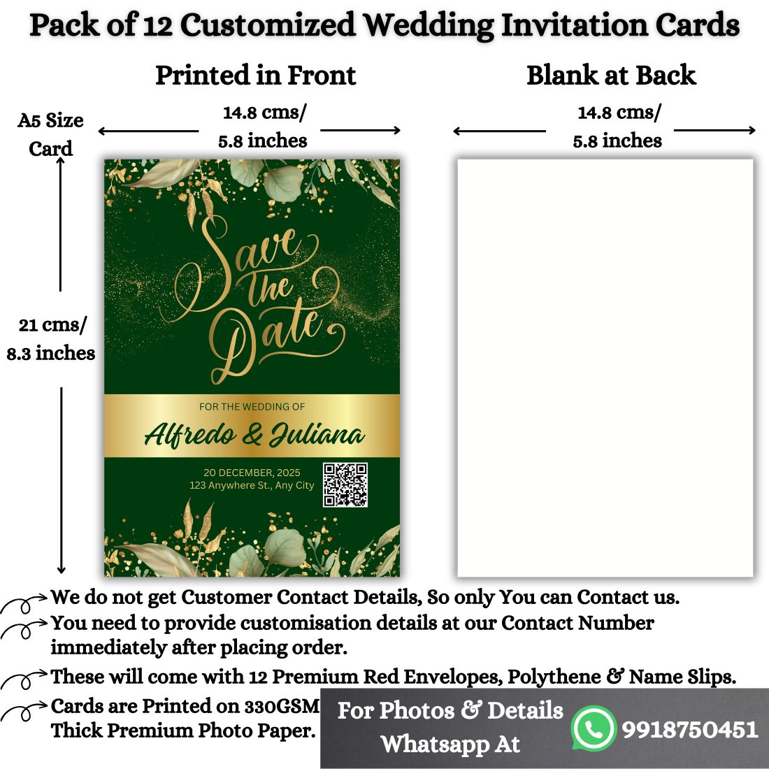 Custom Wedding Invitation Cards with Envelopes | Pack of 12 | One side Printed