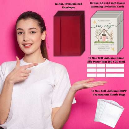 Customized Housewarming Invitation Cards, Pack of 12 Personalized 5.8x8.3 Inch with Premium Red Envelopes