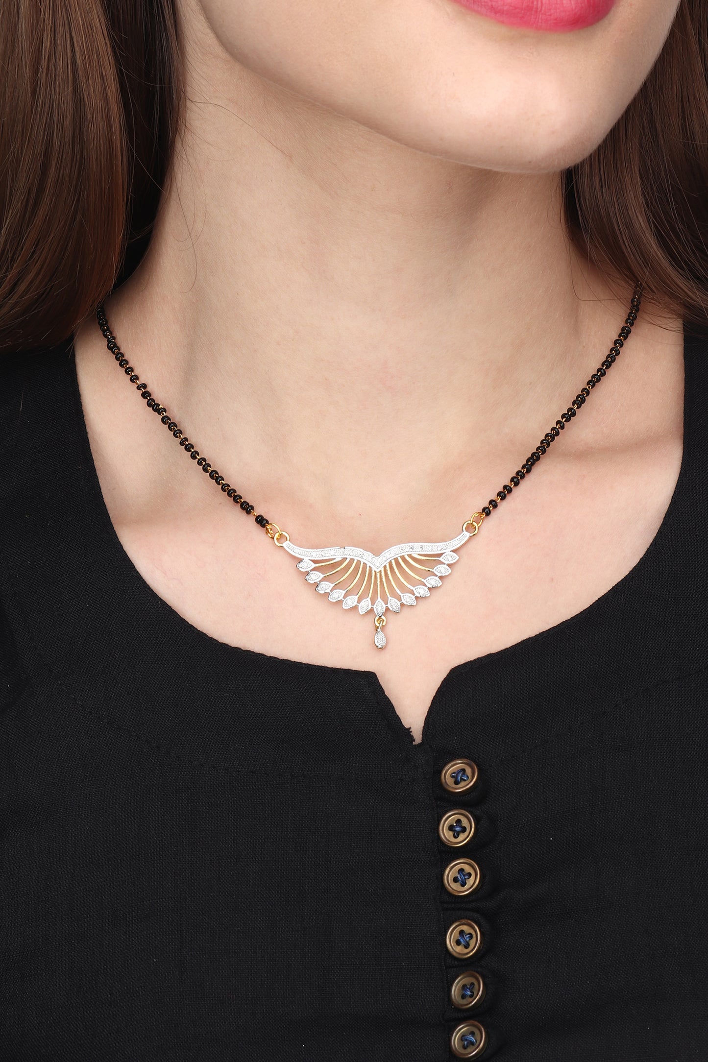 Gold Plated AD Mangalsutra Pendant and Earrings Set with Black Beads Chain