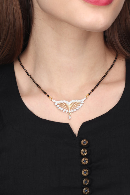 Gold Plated AD Mangalsutra Pendant and Earrings Set with Black Beads Chain