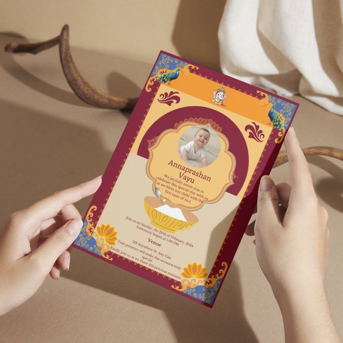 Customised Annaprashan Invitation Cards Pack of 12 , 5.8x8.3 Inch with Envelopes for Rice Ceremony