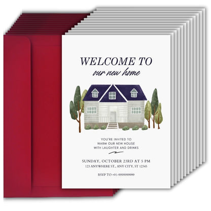 Customized Housewarming Invitation Cards, Pack of 12 Personalized 5.8x8.3 Inch with Premium Red Envelopes