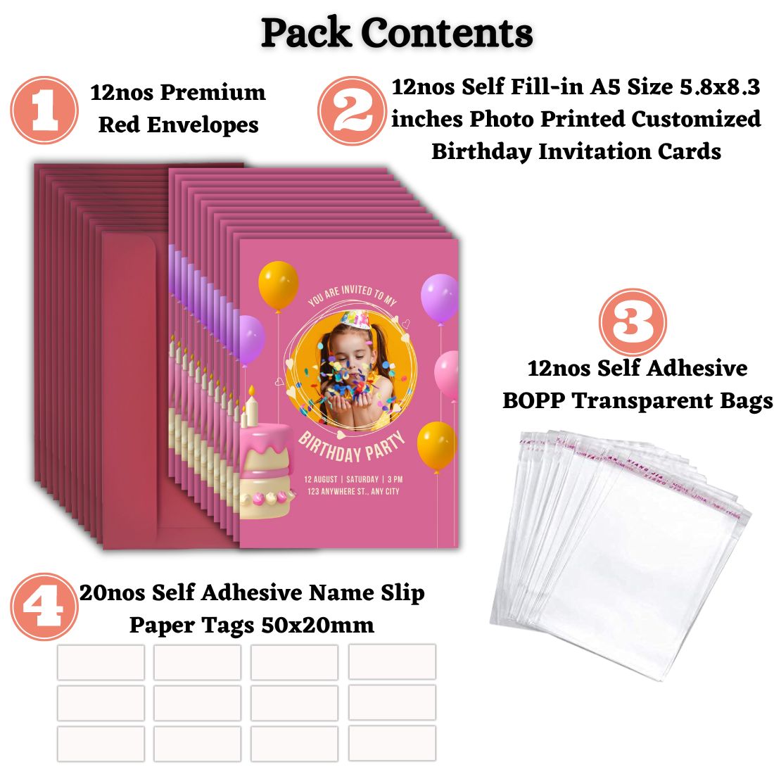 Custom Birthday Invitation Card for Kids with Envelopes | Pack of 12 | One side Printed
