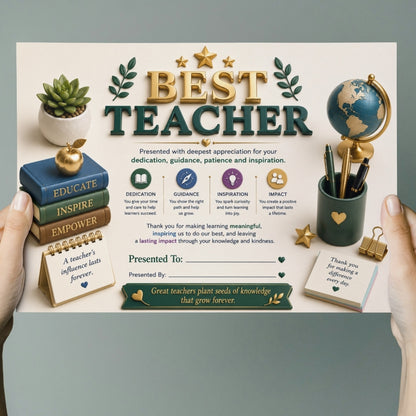 Best Teacher Certificate – A4 Teacher Appreciation Award Certificate for Teachers | Premium Printed Thank You Gift