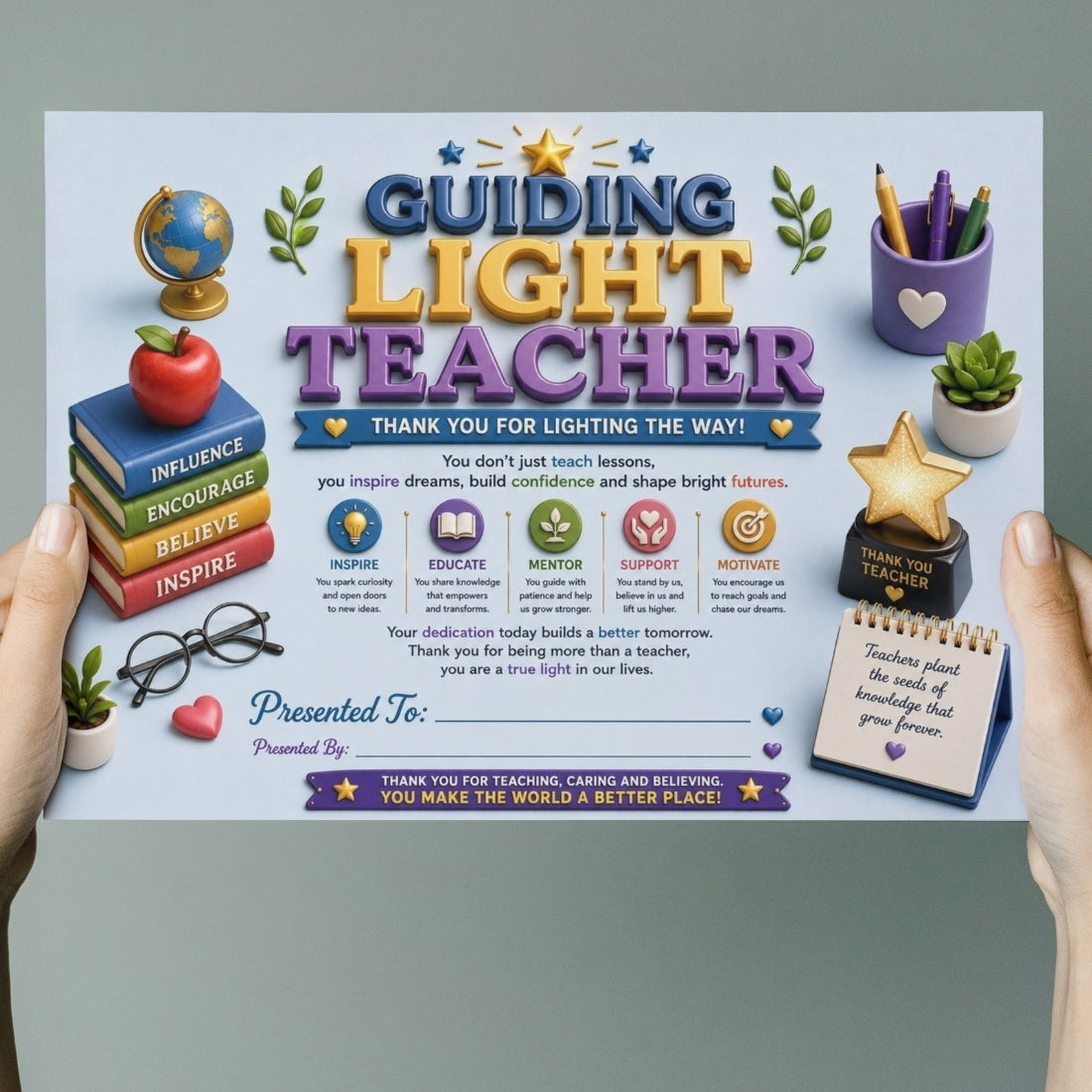 Best Teacher Certificate – A4 Teacher Appreciation Award Certificate for Teachers | Premium Printed Thank You Gift