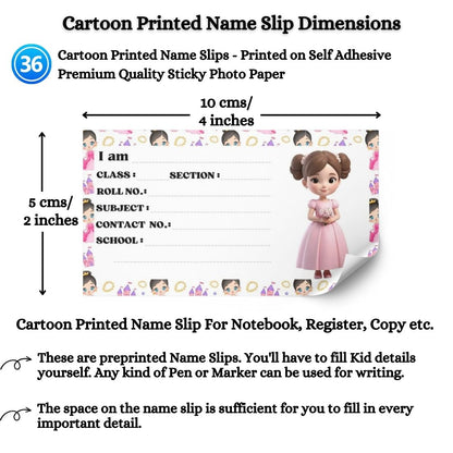 Kids Name Slips Cartoon Printed - Pack of 36 - Self Fill in